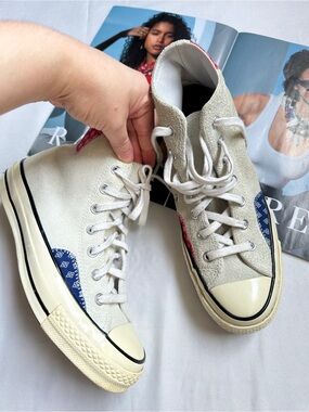 Converse High-Top Suede Sneakers in Off-White with Blue and Red Accents